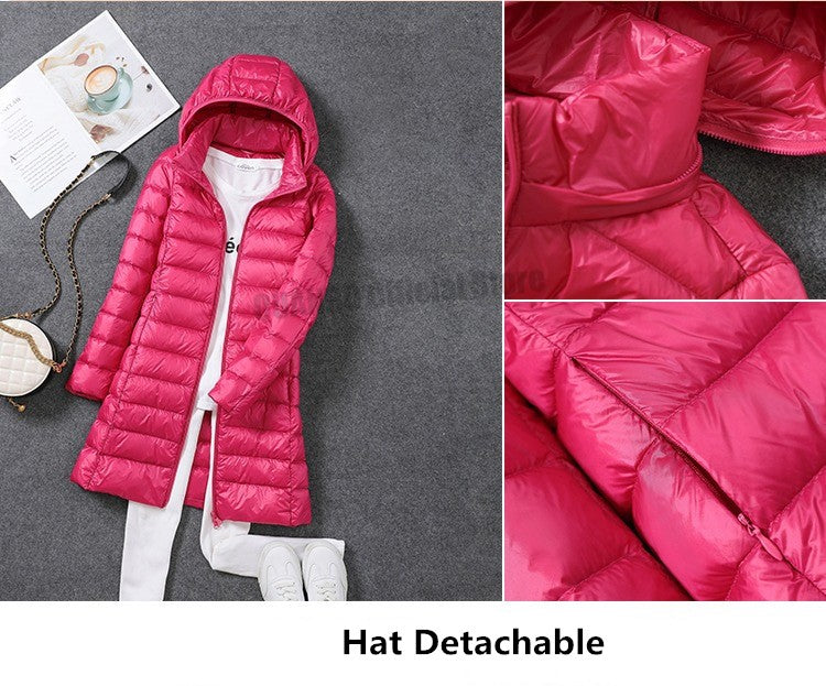 Women Ultra Lightweight Packable Long Puffer Jacket 2023 New Autumn Winter Warm Hat Detachable Hooded Female Coat Parka 5XL 7XL