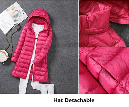 Women Ultra Lightweight Packable Long Puffer Jacket 2023 New Autumn Winter Warm Hat Detachable Hooded Female Coat Parka 5XL 7XL