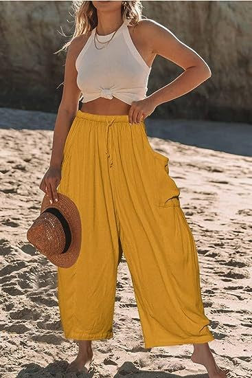 Women's Stretched-waist Pleated High-waisted Wide-leg Trousers Spring Autumn Fashion Cotton Linen Pocket Casual Trousers Woman