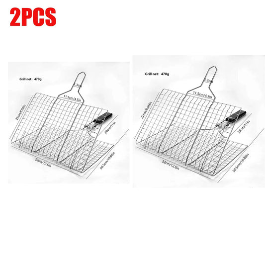 Grill fish basket, collapsible portable stainless steel grill basket with detachable handle and storage bag