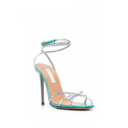 Luxury Shinny Crystal Diamond Stiletto High Heel Sandals Female Blue Buckle Ankle Strap Sandal Shoes Party Belt 2025 New Summer