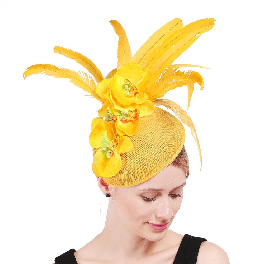 Fascinator Elegante de Lavanda com Flor Amarela Chapéu Derby para Senhora Chapéus de Igreja em Sinamay Fedora de Aba Larga Chapéu para Casamento Festa Vestido XMF320
