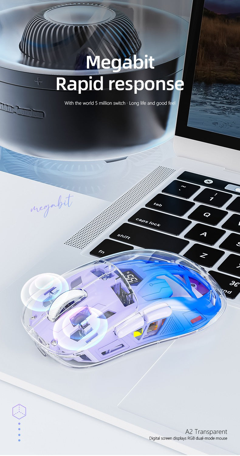 Mouse Bluetooth A2 com tela digital transparente RGB, conexão sem fio de modo duplo, compatível com Win/Mac