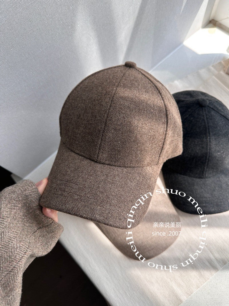 Stylish Wool Herringbone Baseball Cap for Men & Women, Thick Hard Top, Small Face