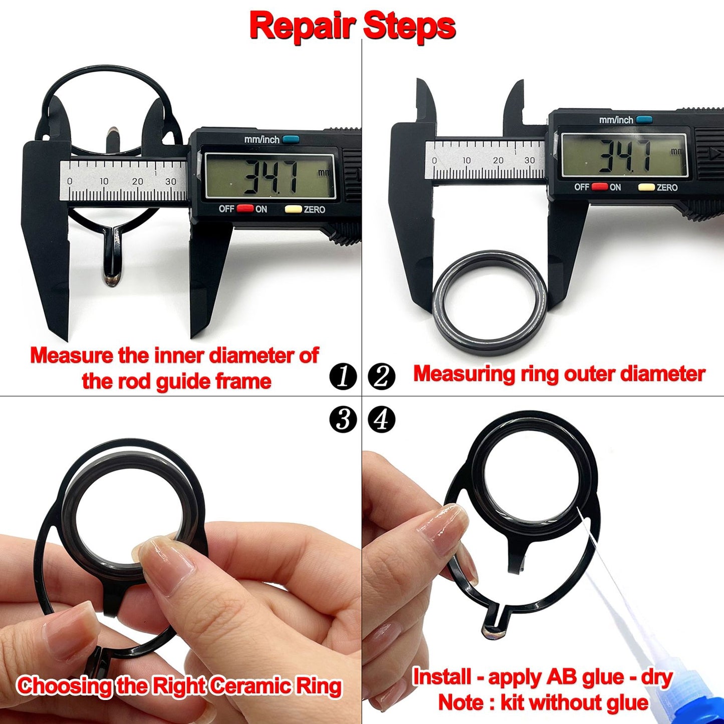 Anel Guia de Vara de Pesca 10pçs~100pçs Resistente ao Desgaste Cerâmica Kit de Reparo de Vara Anel Alconite Preto 6mm~47.3mm