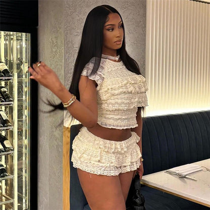 2025 New Fashion Sweet Temperament Solid Color Lace Spice Girl Pleated Low Waist Navel Shorts Femininity Sexy