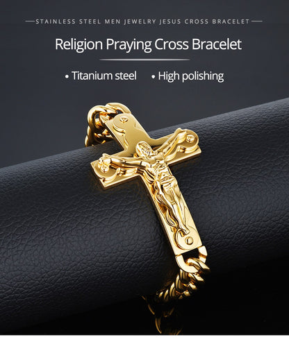 Jesus Cross Men's 316L Stainless Steel Bracelet Male Wholesale pulseira Mens Braclets Gold Color Wrist Bracelets For Men Jewelry