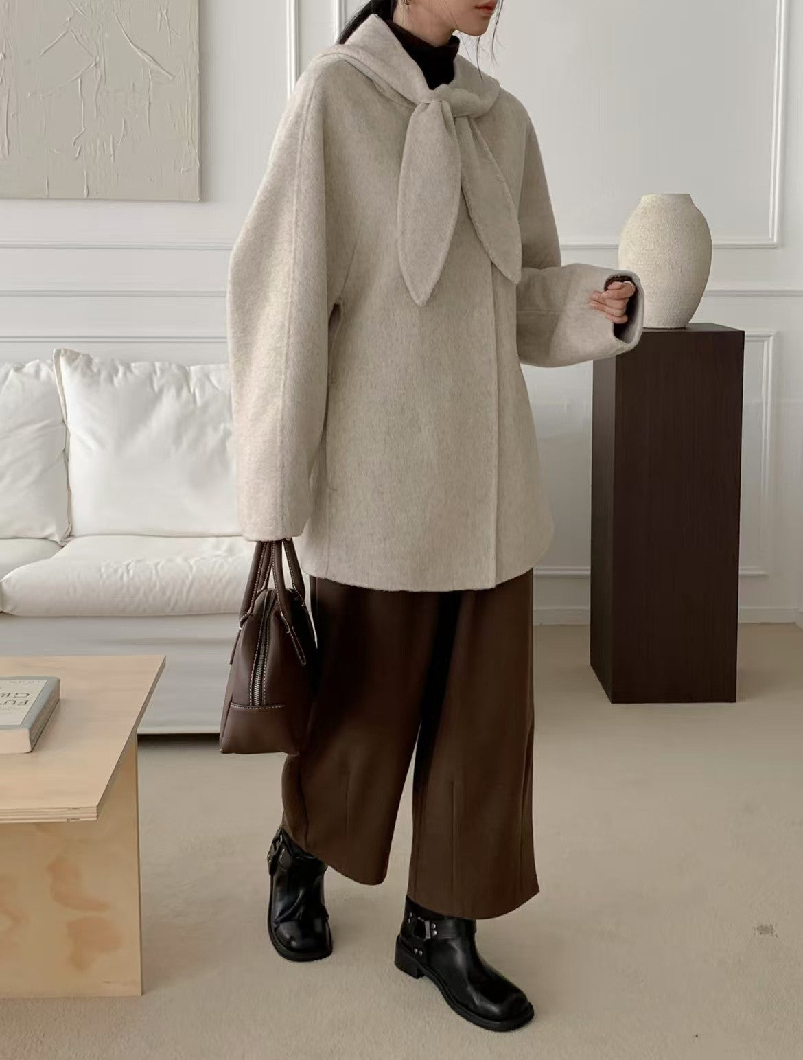 Korean Sle Woolen Coat Women's Chic Temperament Sweet Bow Tie Collar Hooded Warm Woolen Coat Long Sve Mid-Length