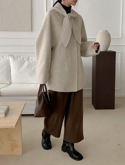 Korean Sle Woolen Coat Women's Chic Temperament Sweet Bow Tie Collar Hooded Warm Woolen Coat Long Sve Mid-Length