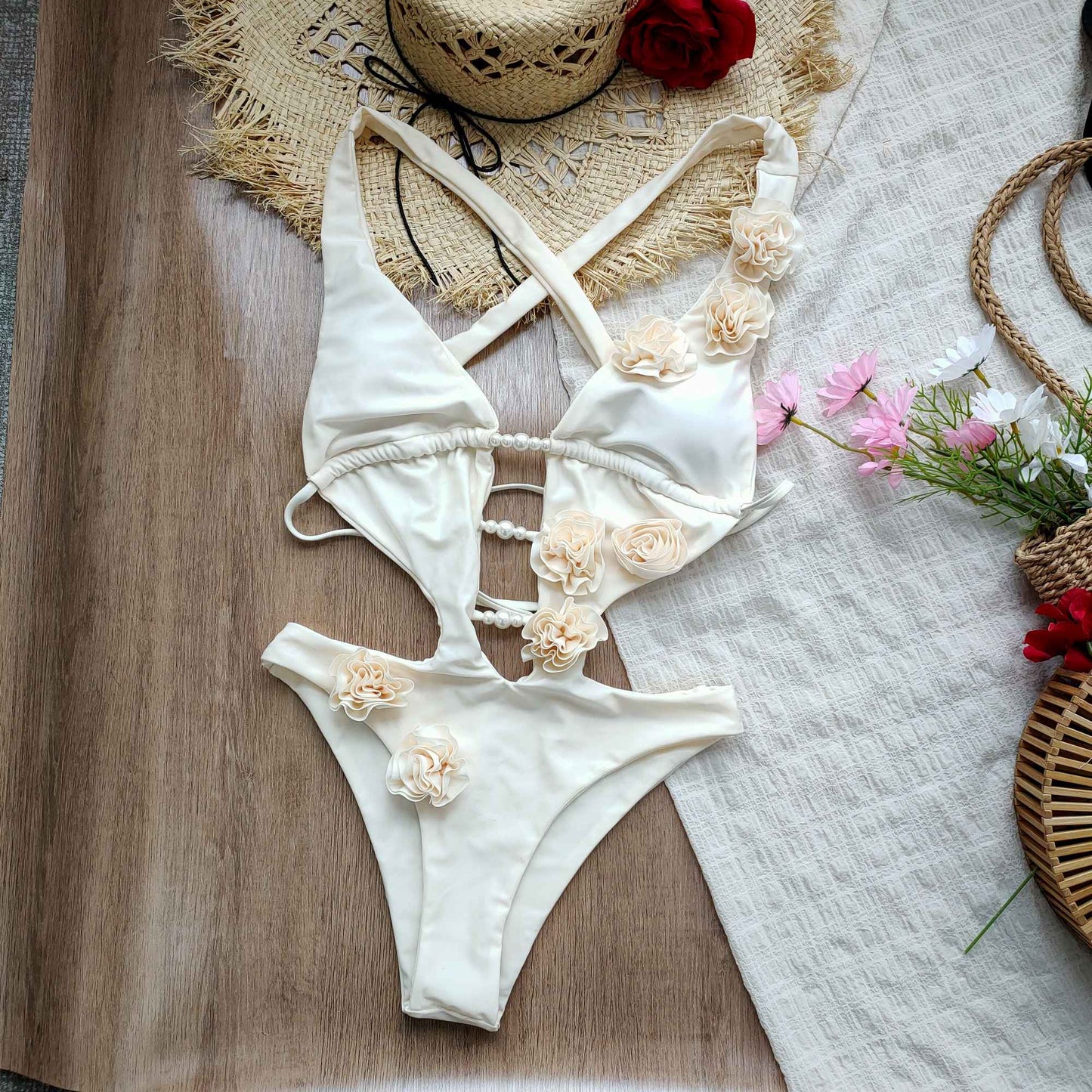 2025 New 3D Flowers One Piece Swimsuit Women Solid Sexy Hollow Out Swimwear Tropical Summer Beachwear Bathing Suit Bodysuit