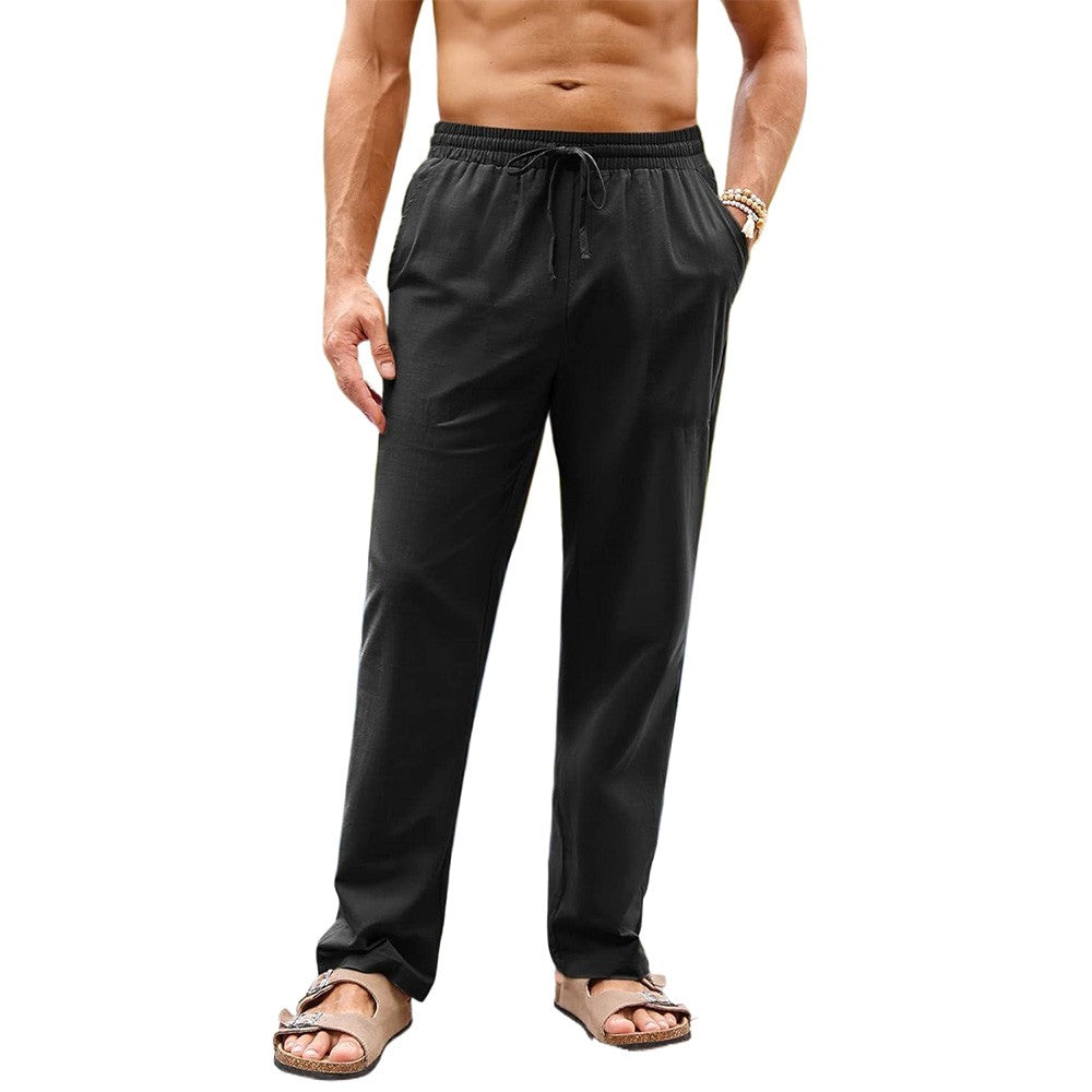 Calça Masculina de Algodão e Linho Pernas Retas Estilo Praia Leve Respirável Casual Com Cordão e Cintura Elástica