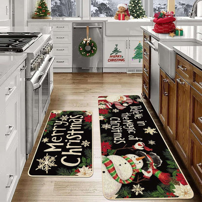 VIKAMA 2-Piece Christmas Festival Rug Set Kitchen Mat Combo, Entrance Hall Doormat Stain-Resistant and Easy-Care Home Decor