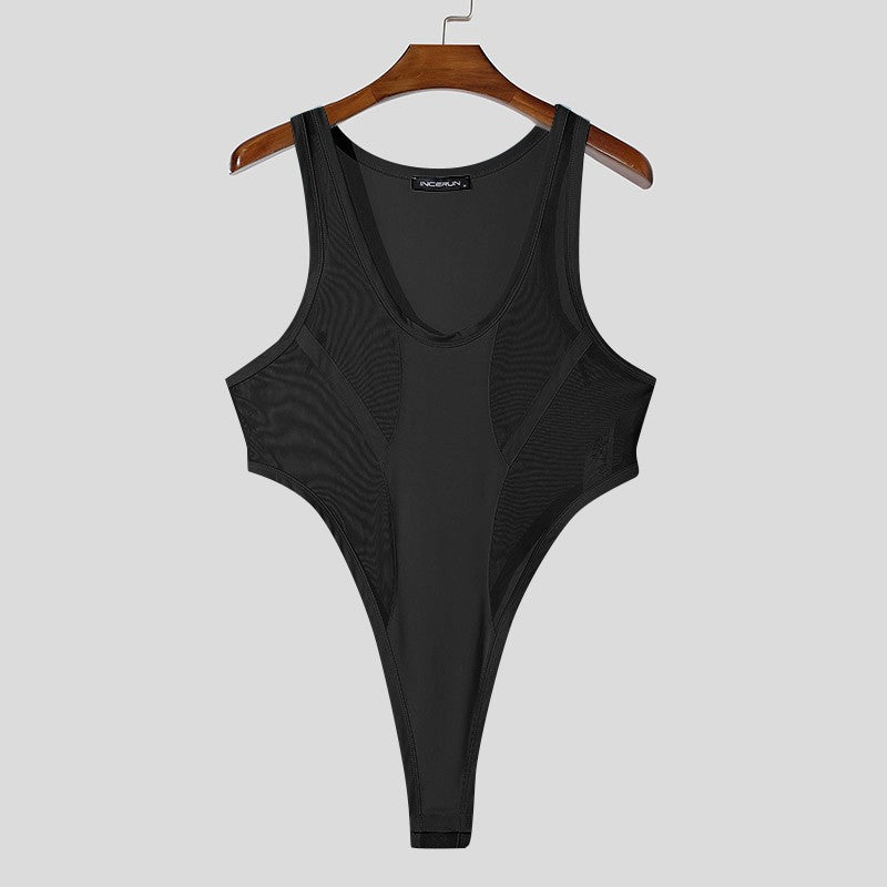 INCERUN American Style Bodysuits Fashion Mens Mesh Splicing Side High Slit Triangle Jumpsuits Sexy Homewear Sleeveless Jumpsuits