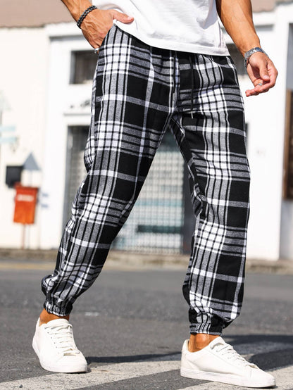Calças Masculinas Xadrez com Punho Calças de Pijama Confortáveis para Estilo Relaxado
