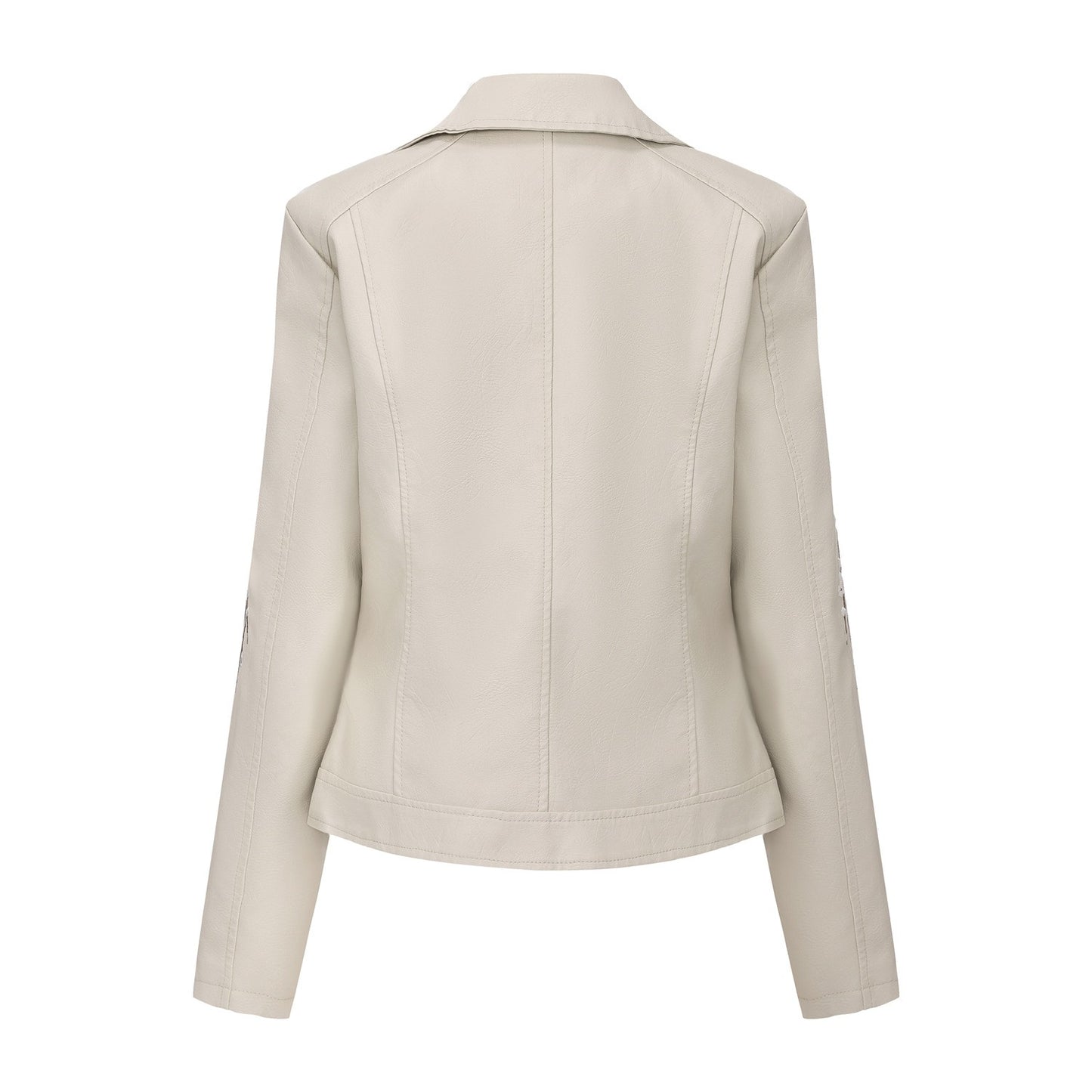 New Fall Women's Black Embroidered PU Jacket, Street-Style Brown Faux Leather Coat, Fashionable Beige Long Sleeves Top.