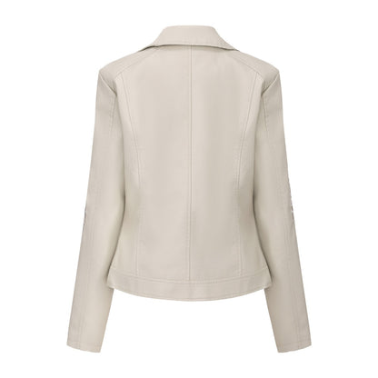 New Fall Women's Black Embroidered PU Jacket, Street-Style Brown Faux Leather Coat, Fashionable Beige Long Sleeves Top.