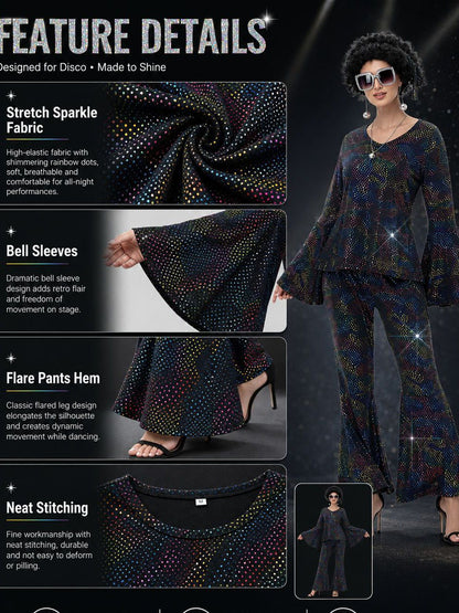 Ladies' Halloween disco party 70s disco costume set, including top, pants, sunglasses, necklace, earrings, and wig, role-playing