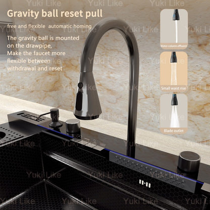 Stainless Steel Waterfall Kitchen Sink Digital Display Extra Large Single Bowl Multifunctional Household Vegetable Washing Sink