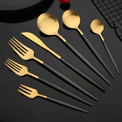 Talheres de Aço Inoxidável Preto Dourado Kit de Talheres Faca de Jantar Colher de Café Garfo Garfo de Salada Colher Faqueiro