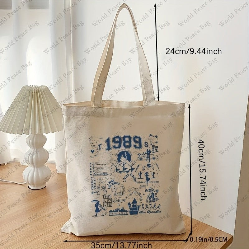 1pc 1989 pattern Canvas Shopping Bag, TS Merch Portable Shoulder Bag, taylor's version Trendy Tote Bag For Daily Life