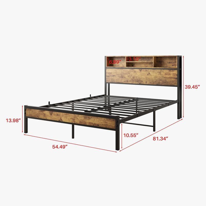 Full Size Bed Frame, Metal Platform Bed with Storage Headboard, Charging Station & Bookcase, No Box Spring Needed, Easy