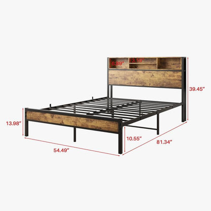 Full Size Bed Frame, Metal Platform Bed with Storage Headboard, Charging Station & Bookcase, No Box Spring Needed, Easy