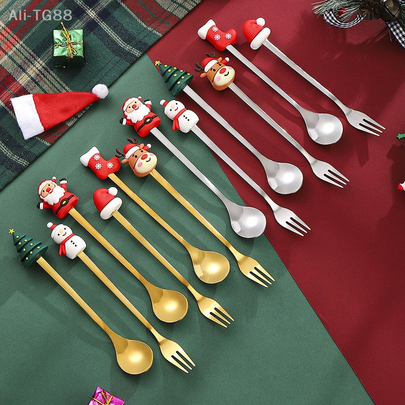 Stainless Steel Christmas Fork And Spoon Set with Gift Box for Coffee Tea Dessert Tableware