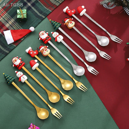 Stainless Steel Christmas Fork And Spoon Set with Gift Box for Coffee Tea Dessert Tableware