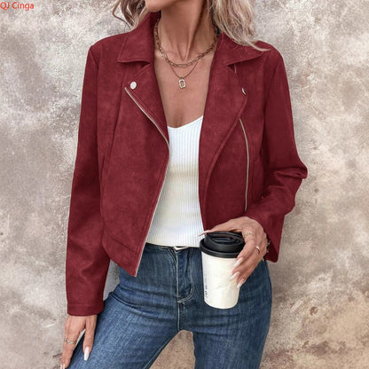 New Autumn Rose Red Women's Short Jacket, Zipper Closure, Lapel Collar, Fashionable Casual Coat.
