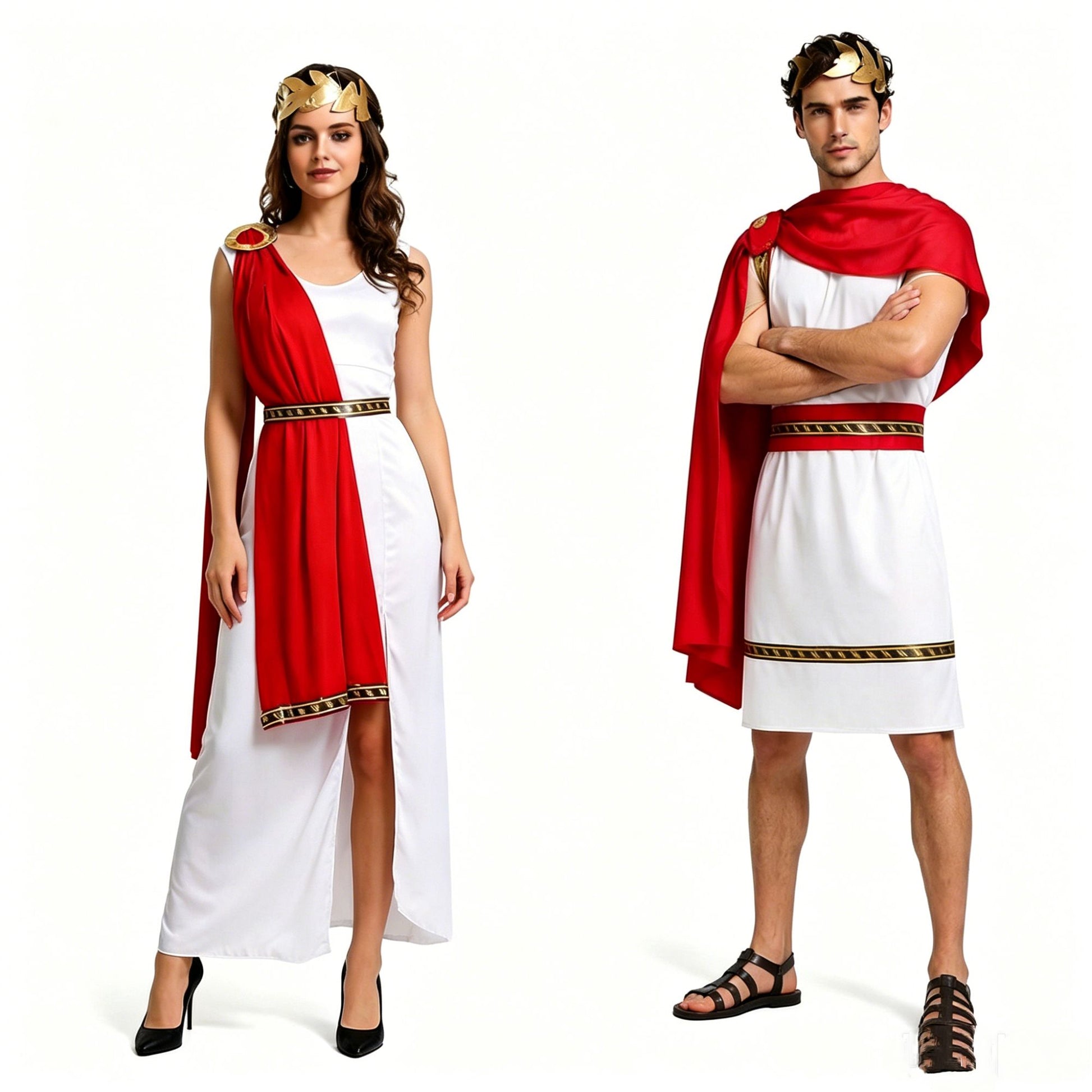 Roman Greek Costume Adult Men Women Couple Toga White Tunic Red Cape Gold Laurel Wreath Halloween Carnival Cosplay Outfit Set