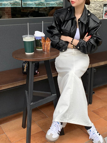 Women's Loose ort PU Leather Jaet Double ket Retro Collar Zipper Versatile Motorcycle Sle Top Trendy Commute Wind