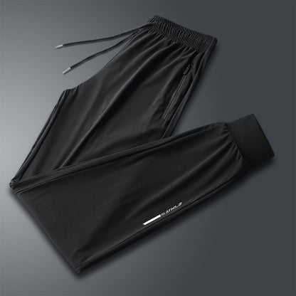 Calça jogging masculina com cordão na cintura, fresca, de secagem rápida e respirável, calça esportiva da moda de alta elasticidade, adequada para fitness