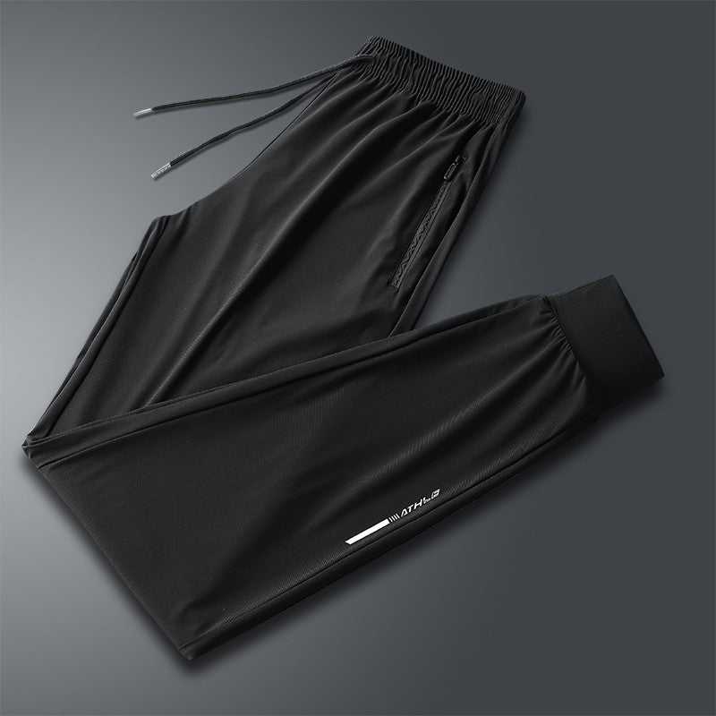 Calça jogging masculina com cordão na cintura, fresca, de secagem rápida e respirável, calça esportiva da moda de alta elasticidade, adequada para fitness