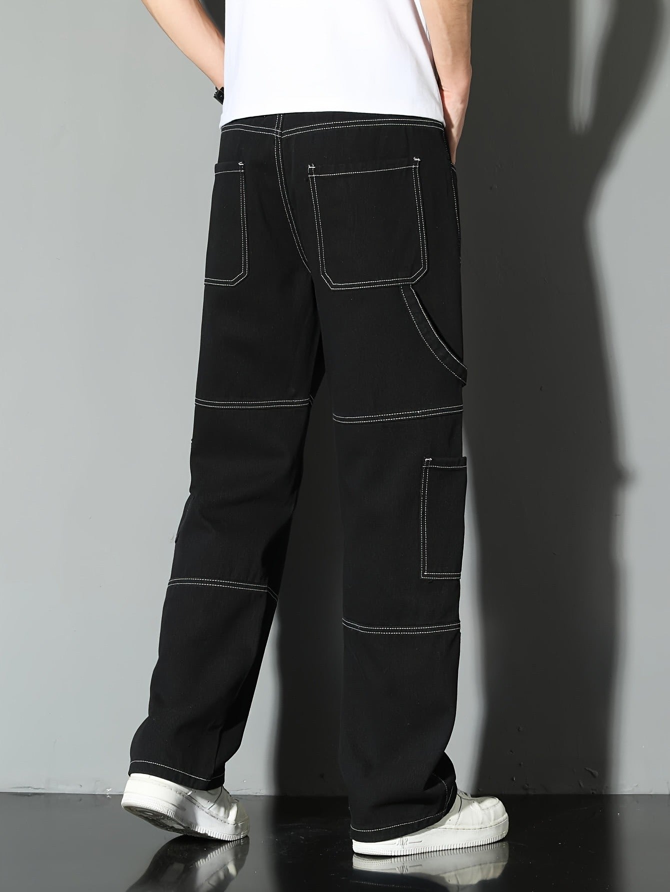 Calça jeans masculina estilo workwear, calça jeans, pernas retas e largas, estilo para todas as estações, lavada com múltiplos bolsos