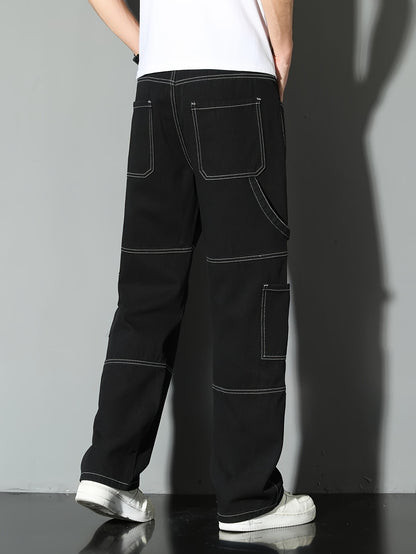 Calça jeans masculina estilo workwear, calça jeans, pernas retas e largas, estilo para todas as estações, lavada com múltiplos bolsos