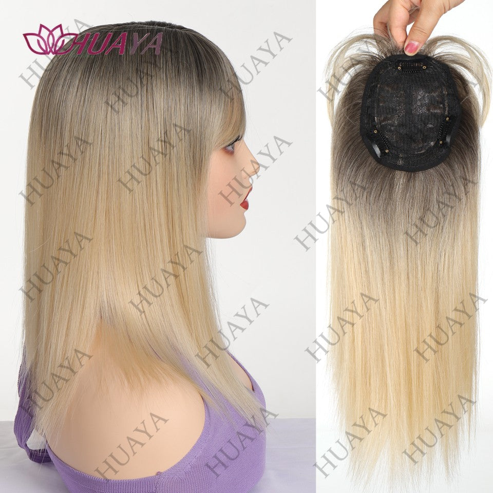 Apliques de Cabelo de 14 Polegadas para Mulheres com Cabelos Ralos, Sintéticos Resistentes ao Calor, Toppers de Peruca Femininos - Ombre Raiz Escura para Loiro