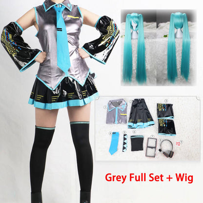 Miku Cosplay Costume Full Set Silver Leather Fabric Suit Miku Cosplay Headwear Costume Outfit JK Sailor Dress School Uniform