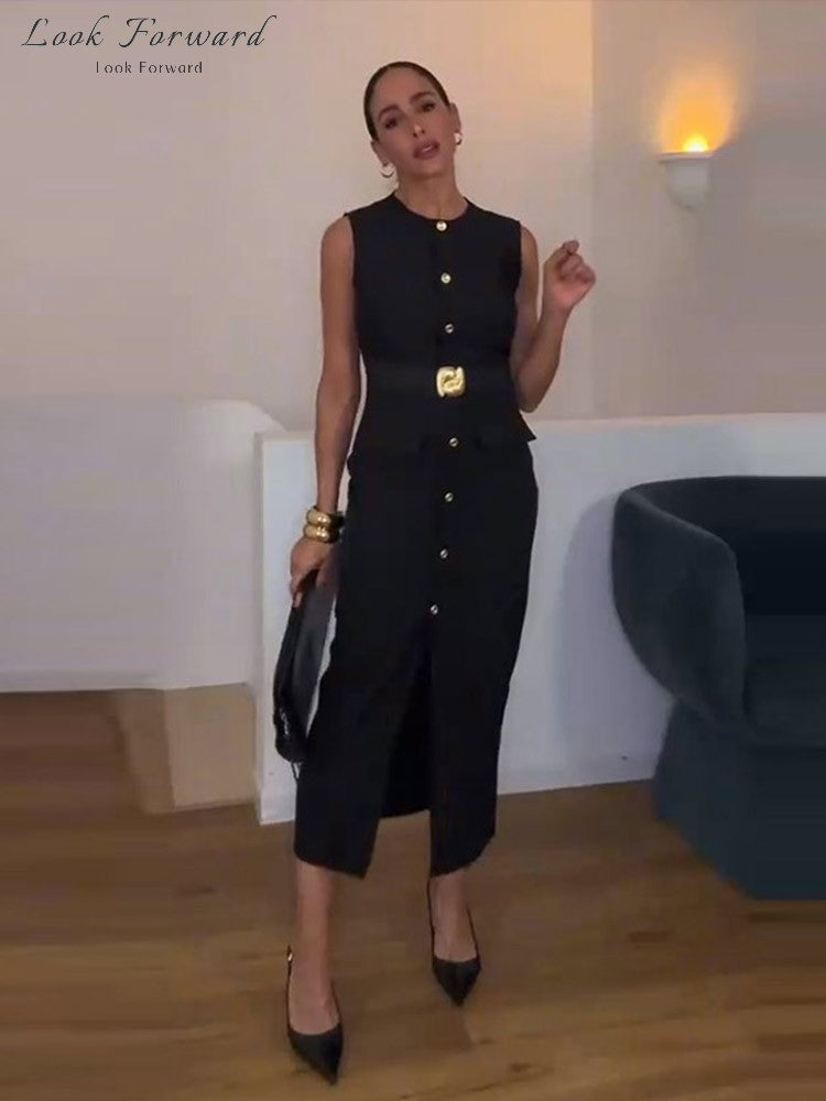 Elegant Midi Dress Woman O-neck Single Breasted Sleeveless Pocket Dresses Female