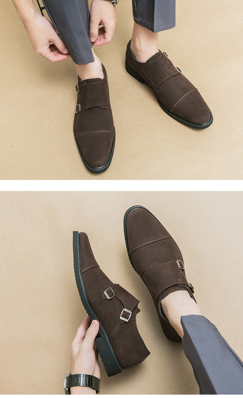 New Brown Loafers Flock Double Buckle Monk Shoes Black Square Toe Slip-On Business Men Dress Shoes Size 38-46 Free Shipping