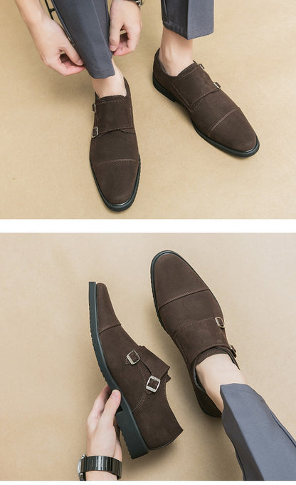 New Brown Loafers Flock Double Buckle Monk Shoes Black Square Toe Slip-On Business Men Dress Shoes Size 38-46 Free Shipping