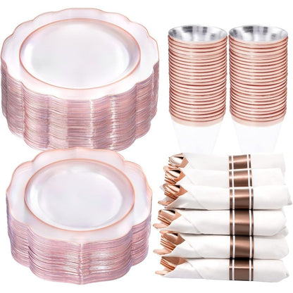 350PCS Rose Gold Plastic Plates Clear Rose Gold Disposable Dinnerware Set Include 100 Dinner Dessert Plates50 Cups 50 Pre Rolle
