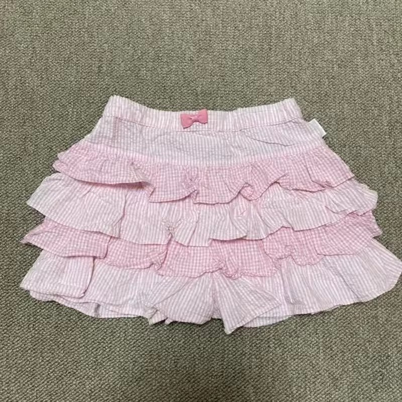 Y2K fashion sweet striped layered mini skirt for women Harajuku A-line skirt 90s Summer Hot Girl elastic high-waisted cake skirt