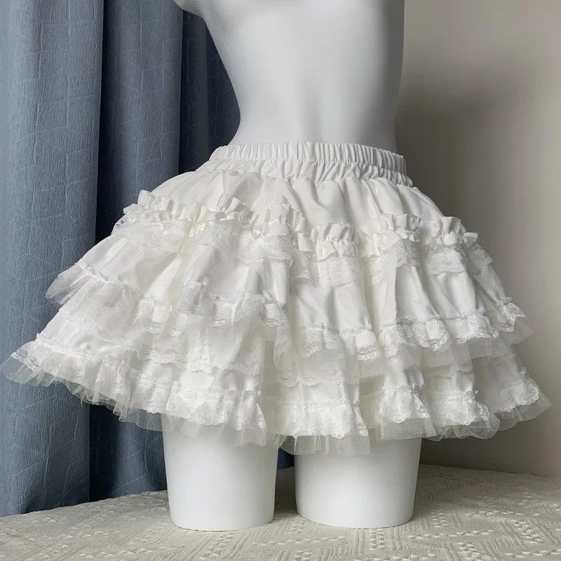 White Lace Ballerina Mini Skirt Puffy Half-length Short Skirts Sweet Cake Style New Arrival High Waist Flared Skirts