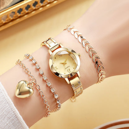 Women's Roman Numeral Gold Quartz Watch 4-Piece Set, Fashionable Quartz Watch Set with Diamond-Studded Bracelet