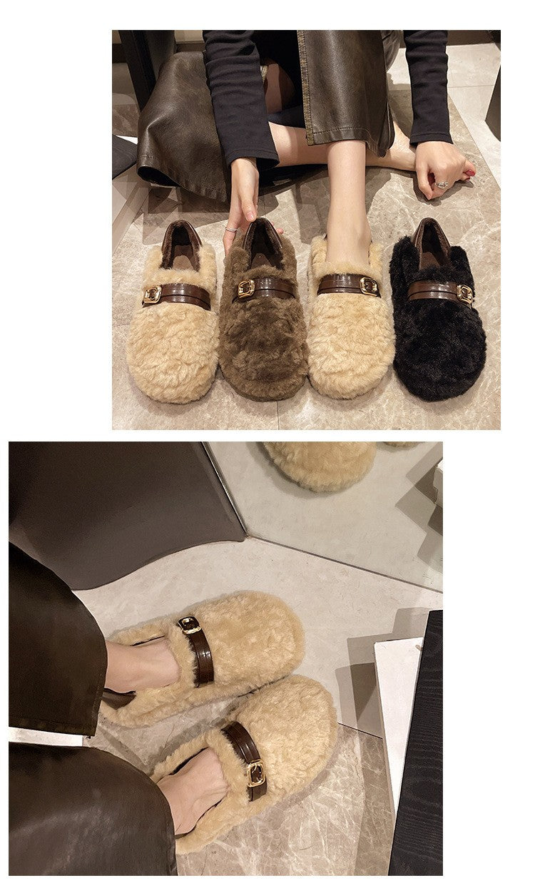Women Warm Fur Flats Shoes 2025 Autumn Winter Vintage Fashion Shallow Mouth Buckle Ladies Comfort Loafers Shoes Zapatos Mujer