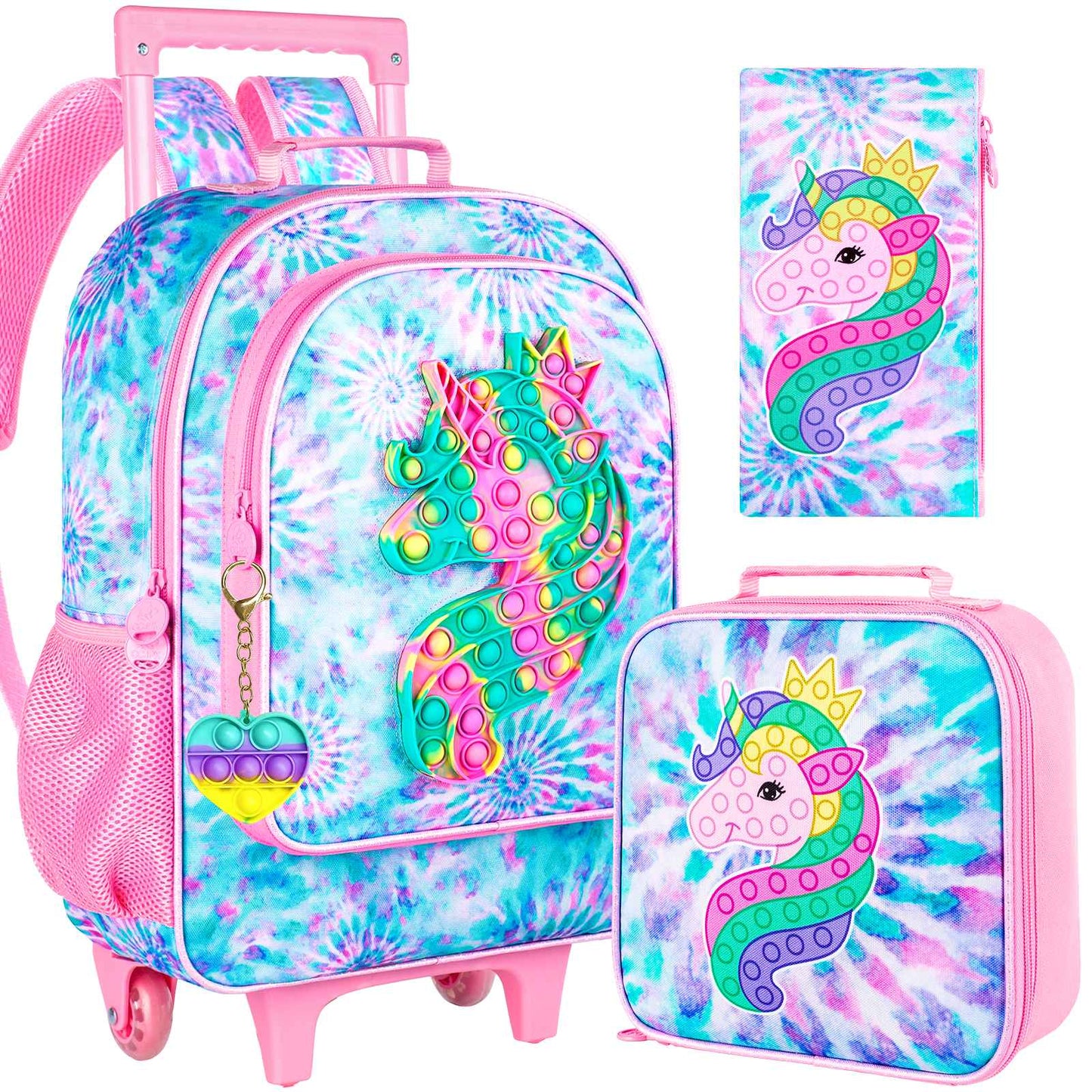 3PCS Kids Rolling Backpack for Girls, Mermaid Roller Wheeled Bookbag Toddler Elementary School Bag with Wheels - Pink