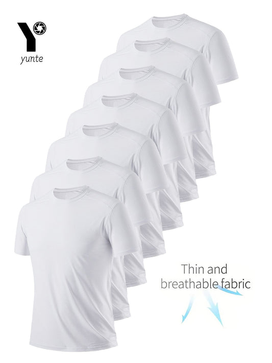 Round Neck T-Shirt 7-Piece White Ultra-Light Men's Quick-Drying Breathable Sweat-Absorbent Shirt Suitable for Fitness Gym and Ru