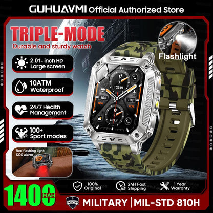 2026 Novo 1400mAh Bateria Grande Militar Ao Ar Livre 2.01 polegadas Smartwatch Masculino 10ATM À Prova D'água Chamada Bluetooth Relógio Inteligente Esportivo