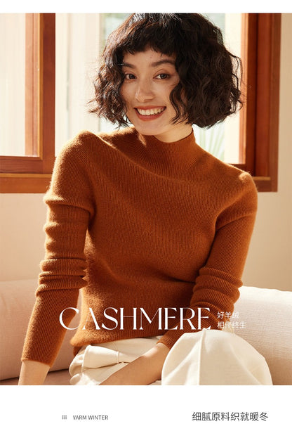 Autumn and winter new women's 100% pure cashmere semi high neck pullover sweater knitted slim fit hot selling women's top