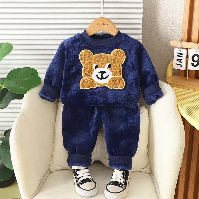 Autumn Winter Baby Boys Homewear Sets Fashion Cartoon Bear Flannel Fleece Clothes for 1-6 Years Kids Sleepwear Children Pajamas